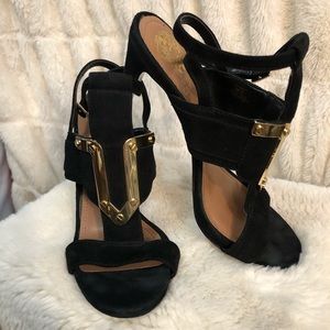 Vince camuto size 8 black suede and gold high heeled sandals